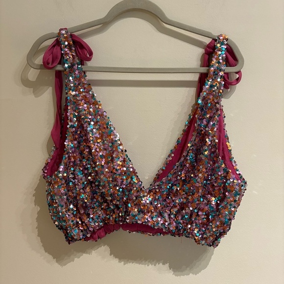 Free People Pink Big Night Sequin Crop Top Size Medium - Picture 5 of 7